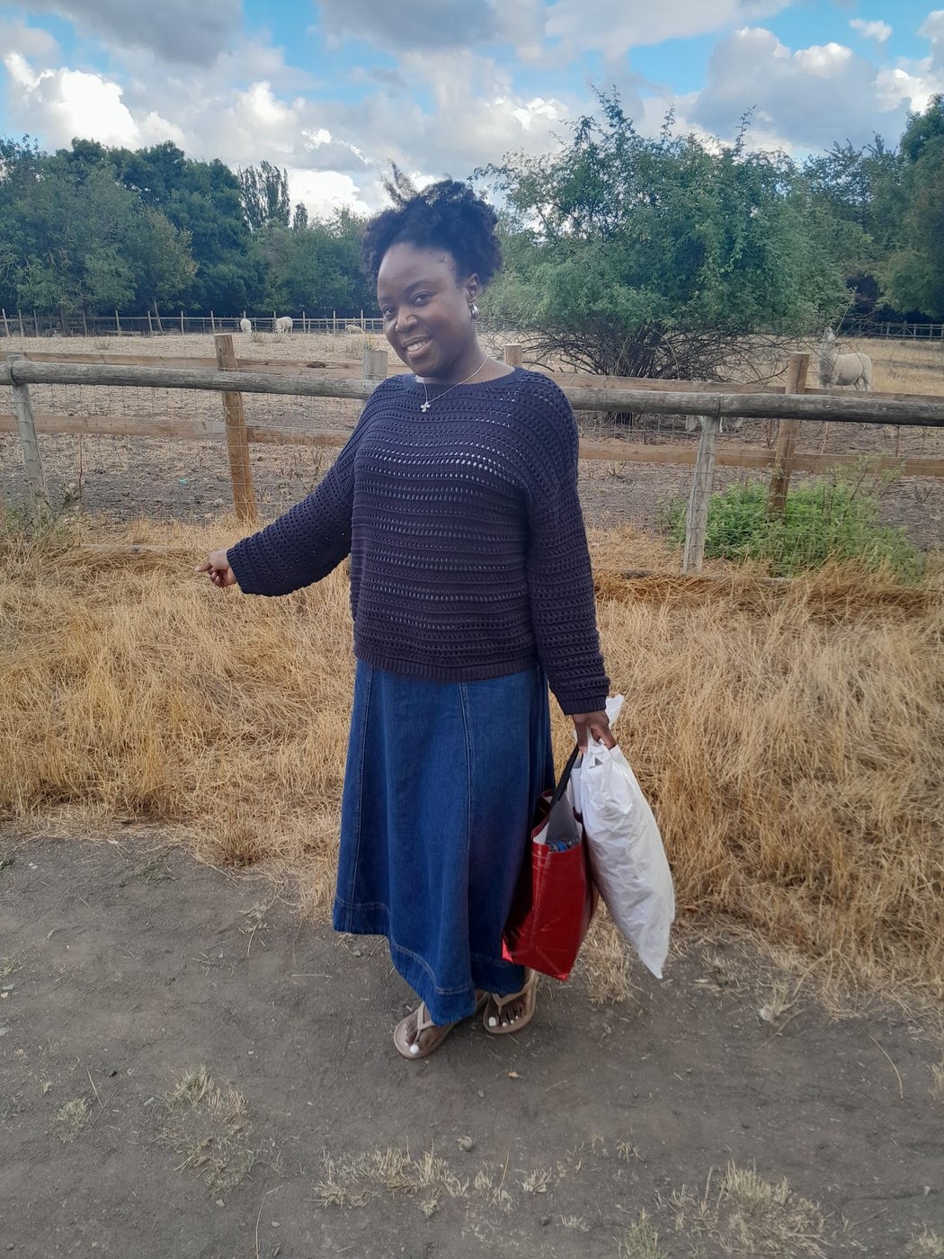 Eruvwu Obuaya pointing out the animals at Mudchute Park and Farm